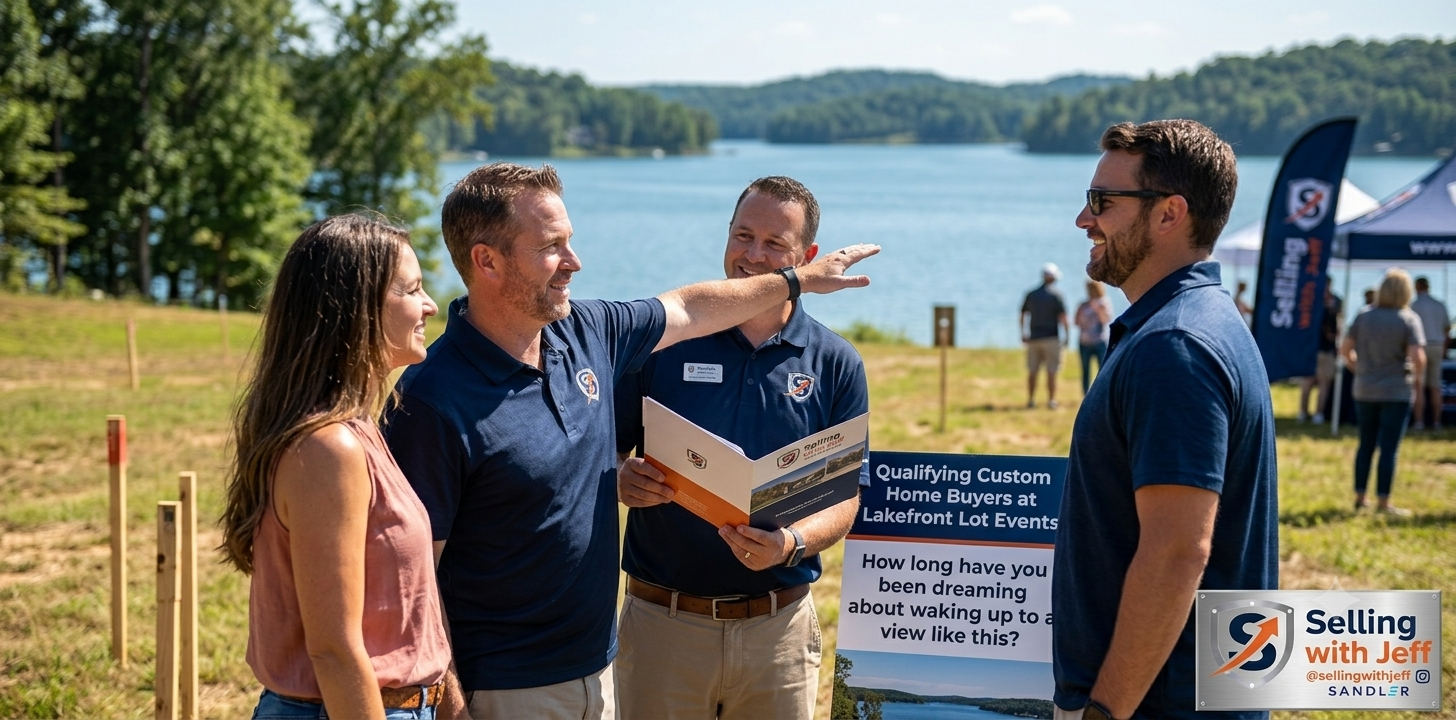 Sales rep and homeowners at a lakefront lot event, discussing custom home building next to a graphic showing the qualifying question about how long they've been dreaming of the view, with Selling with Jeff branding.
