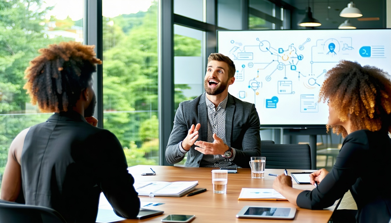 A diverse group of professionals gathered in a modern conference room, engaged in a lively discussion. The room is filled with natural light streaming