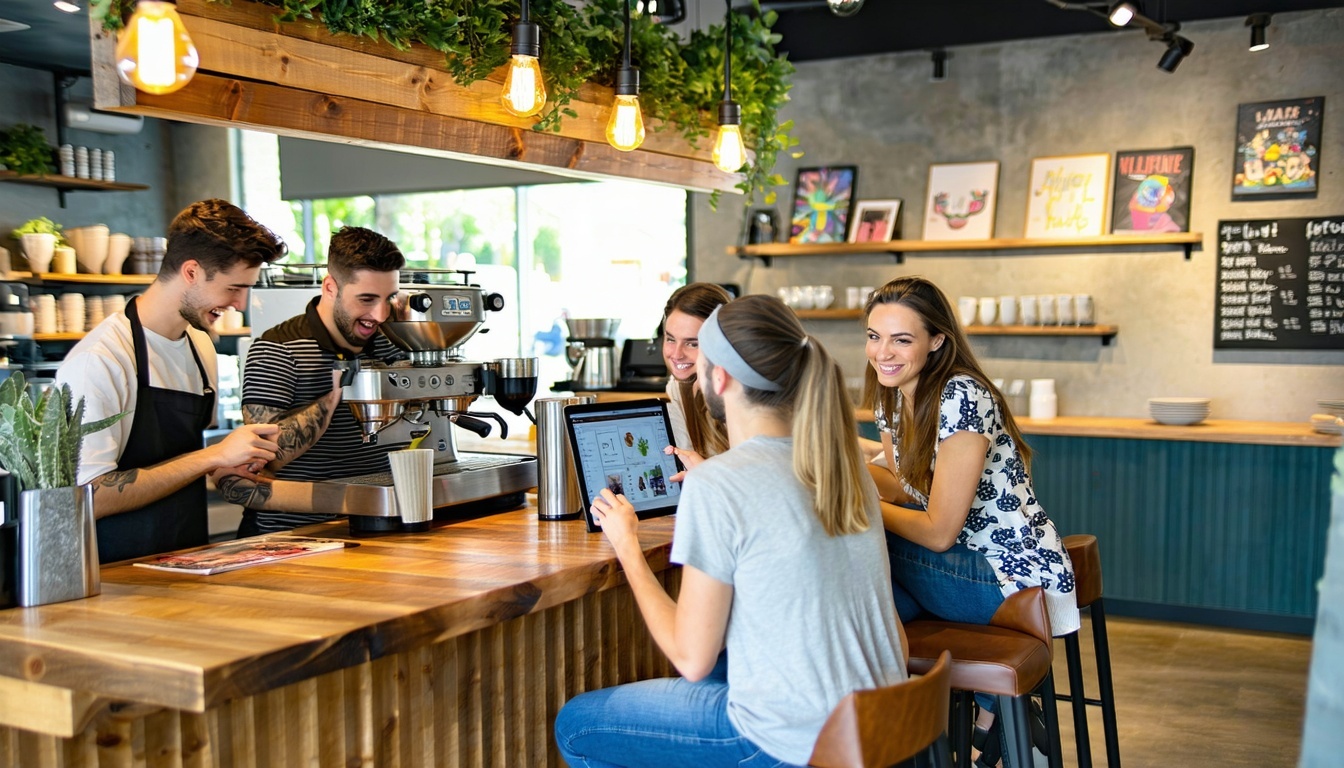A vibrant coffee shop interior bustling with activity, featuring a long wooden counter with a barista skillfully preparing drinks. On one side, a grou