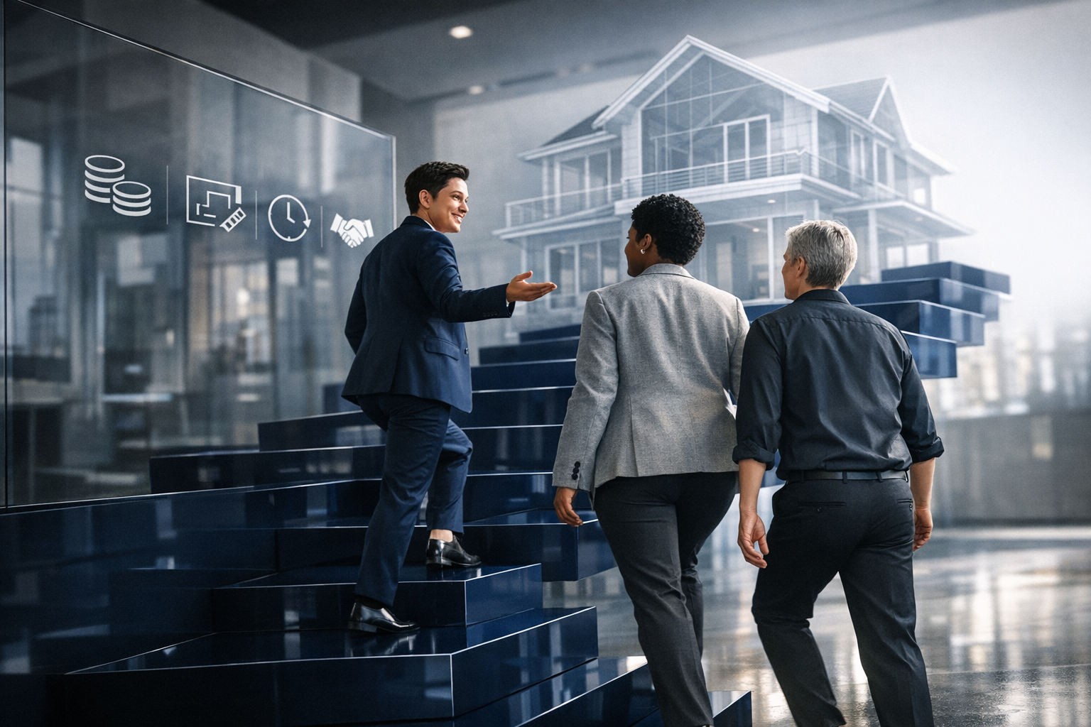Here’s a cinematic photorealistic scene with the consultant guiding the clients up the glossy navy buying path toward the floating house blueprint, wi