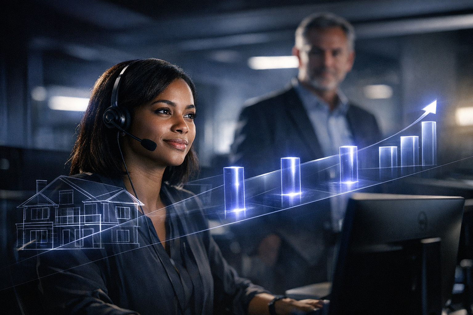 Here’s a cinematic, photoreal sales enablement visual with the holographic qualification flow and house wireframe integrated into the scene. If you wa