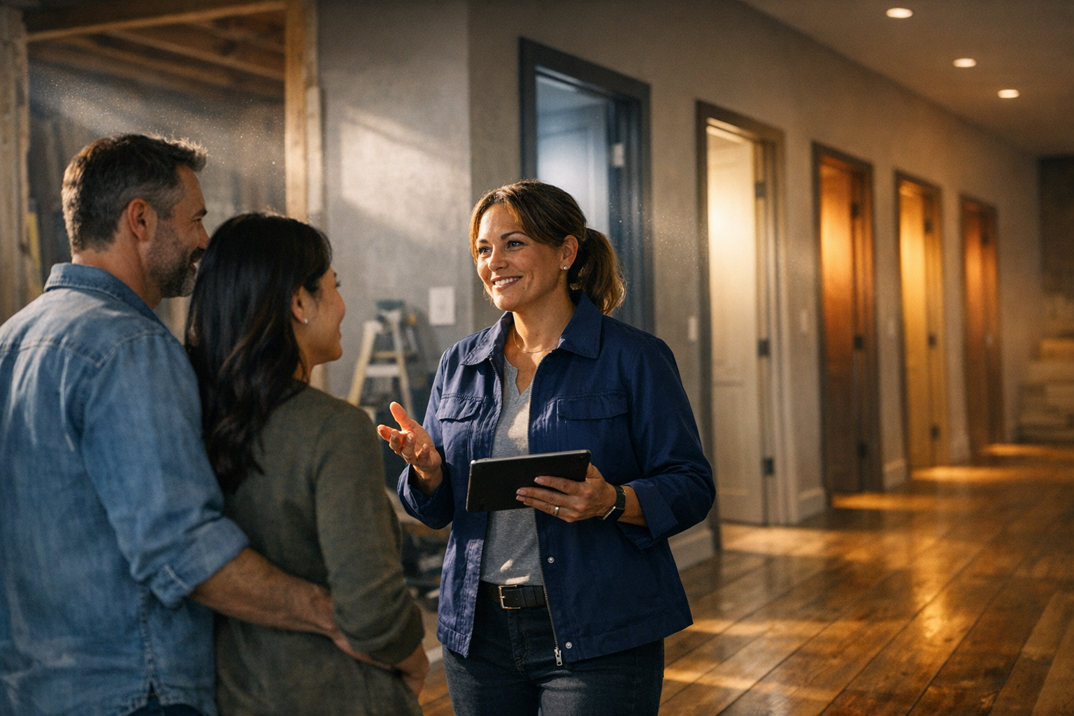 Here’s a cinematic photoreal scene of the remodeler-sales professional with two clients, framed in a modern renovation space with glowing doorways and