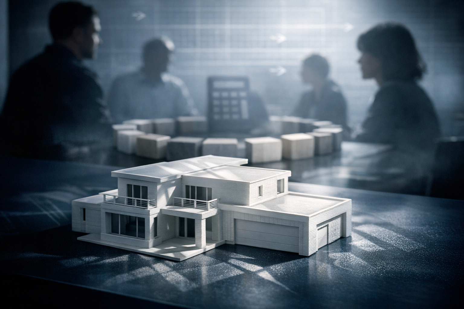 Here’s a cinematic photorealistic studio scene with the home model in the foreground, layered budget/process metaphors in the midground and background