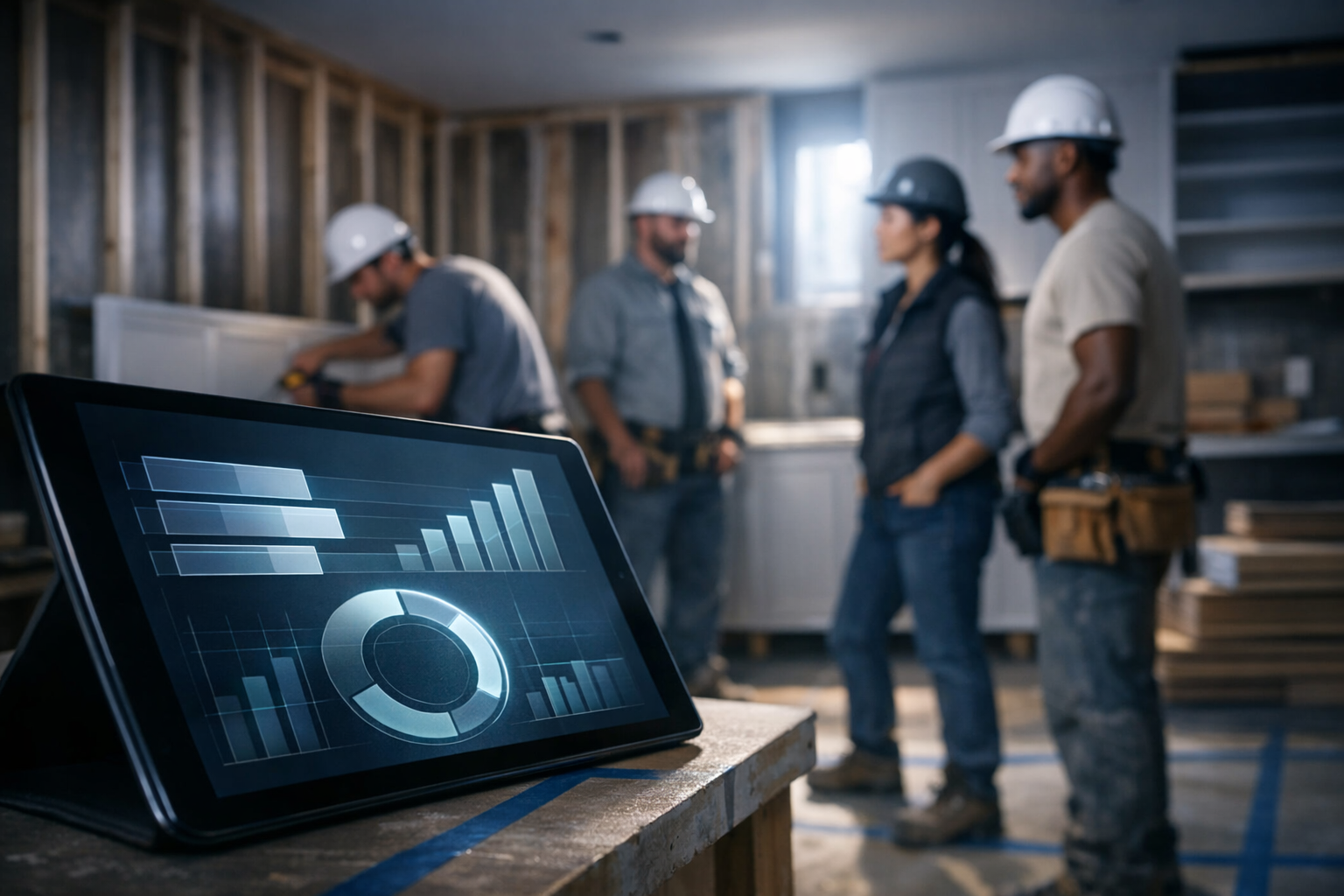 Here’s a cinematic photoreal scene of a kitchen renovation with the tablet foreground, translucent KPI overlays, and a focused remodeling team in the