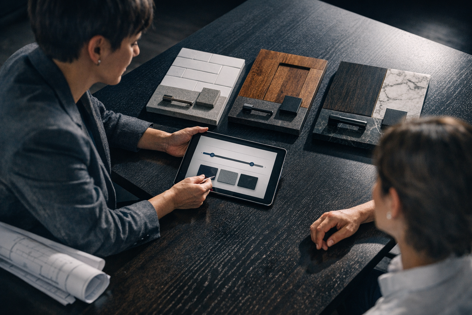 Here’s a photorealistic, cinematic consultation scene with the remodeler and client reviewing budget options, materials, and a clean tablet interface