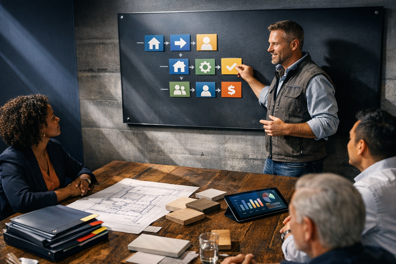 Here’s a cinematic, photorealistic war-room scene with the remodeler presenting a clean, repeatable playbook to the team, plus blueprints, bid folders
