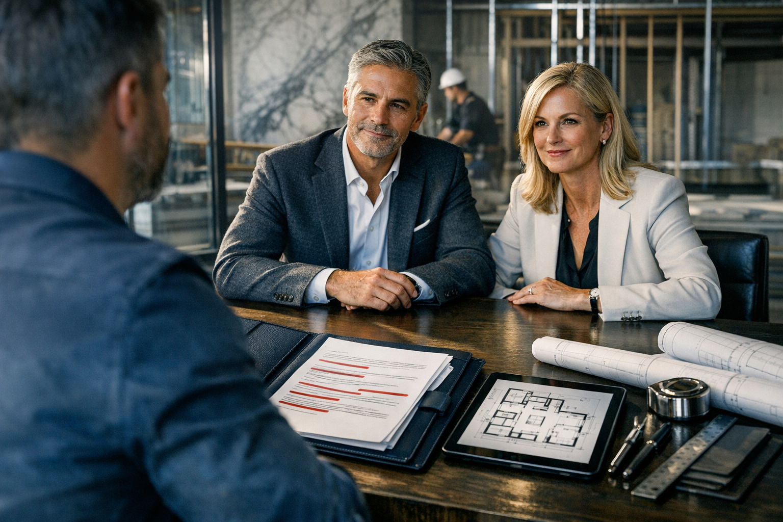 Here’s a photorealistic contract-review scene at a high-end renovation site, with the remodeler in the foreground, the clients composed and engaged, a