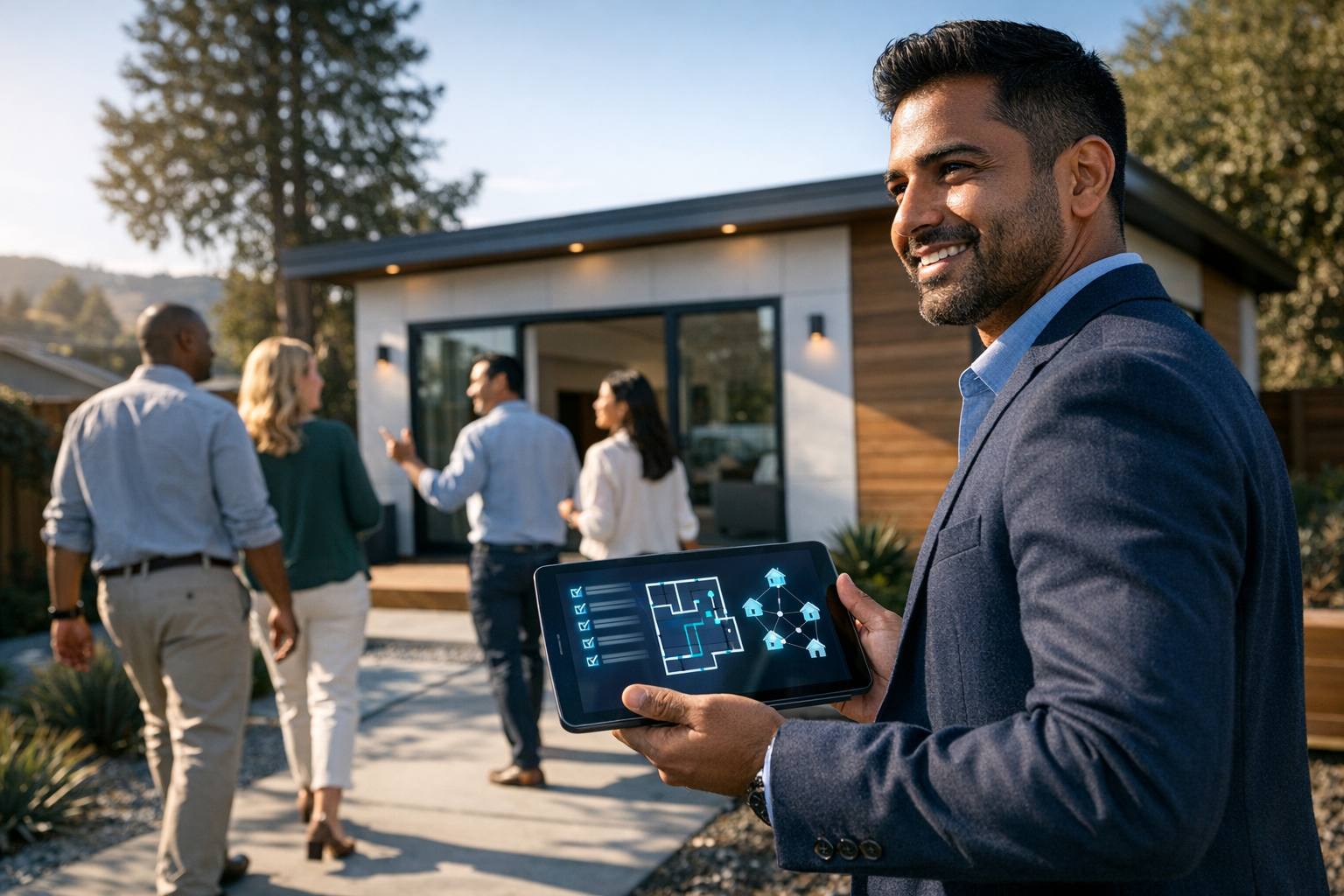 Here’s a photorealistic cinematic scene with the tablet HUD elements, Bay Area ADU setting, and a dynamic late-afternoon sales-tour composition. If yo